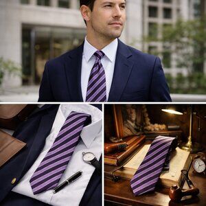 Kai Long Silk Tie Hand Made Purple Stripe Power Tie Classic Business Formal Tie